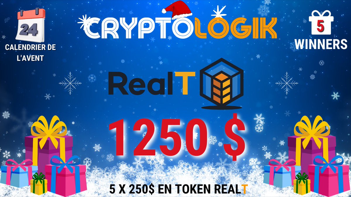 🎄Calendrier de l'Avent jour #24🎄

🎁 1250 $ EN TOKEN REAL T
🏆 5 X 250 $

✅Follow <a href="/RealTPlatform/">RealT</a> &amp; <a href="/LogikCrypto/">CryptoLogik</a> 
✅Like &amp; RT
👇Optimiser vos chances de gagner
🔥Complète Gleam ⤵️
gleam.io/zx3hn/calendri…

⏳ FIN LE 03/01/2023 à 10h00 ☕️

🎄 Bonnes fêtes de fin d'année 🎊