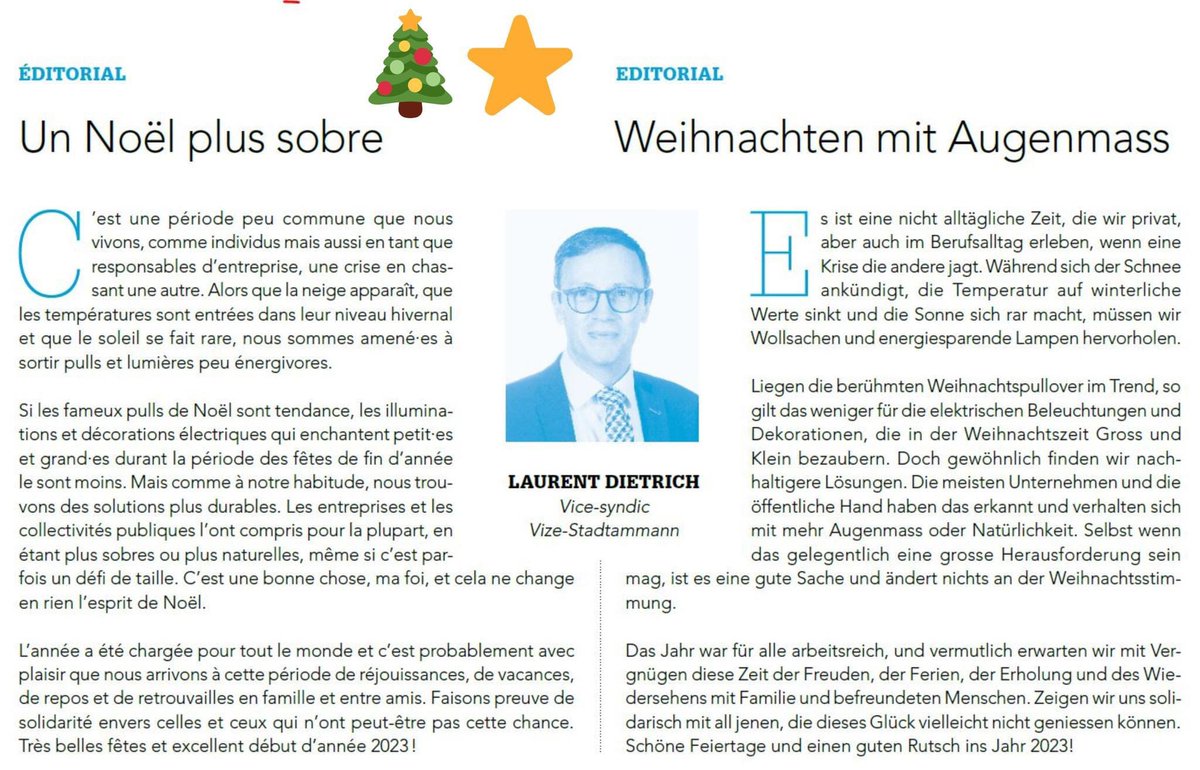 Le Centre Fribourg-Ville /Die Mitte Stadt Freiburg (@centremittefr) on Twitter photo Notre conseiller communal et vice-syndic <a href="/LaurentDietrich/">Laurent Dietrich</a> Ă©met ses vĆux pour un NoĂ«l enchantĂ©, marquĂ© de sobriĂ©tĂ© et de solidaritĂ© âđ
đČ
Nous nous joignons Ă ce message dâespoir et souhaitons Ă toutes et tous de Belles FĂȘtes et une Bonne AnnĂ©e !
#LaNouvelleForce #DieNeueKraft Notre conseiller communal et vice-syndic <a href="/LaurentDietrich/">Laurent Dietrich</a> Ă©met ses vĆux pour un NoĂ«l enchantĂ©, marquĂ© de sobriĂ©tĂ© et de solidaritĂ© âđ
đČ
Nous nous joignons Ă ce message dâespoir et souhaitons Ă toutes et tous de Belles FĂȘtes et une Bonne AnnĂ©e !
#LaNouvelleForce #DieNeueKraft