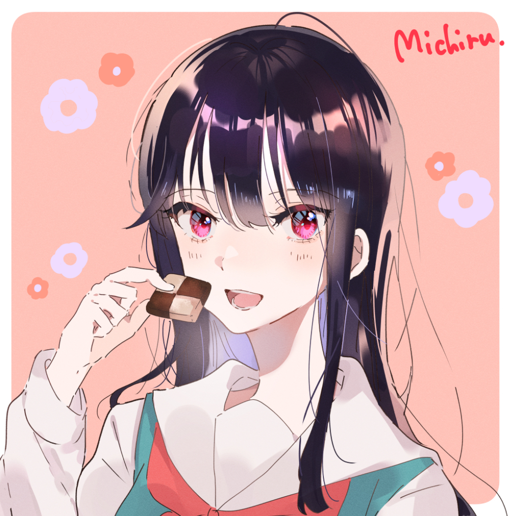 1girl solo long hair school uniform open mouth black hair food  illustration images