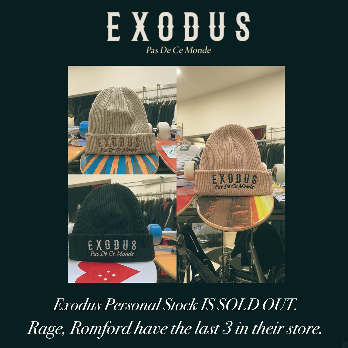 exoduspdcm's tweet photo. So we’re officially sold out of our own personal Exodus Pas De Ce Monde Beanies!
The last 3 remain at Rage in Romford.
#exoduspdcm #ukfashion #twitterfashion #pasdecemonde #londonfashion #saturdayvibes #newfashionsaturday #romford #independentfashion https://t.co/cgEZEbeBJQ