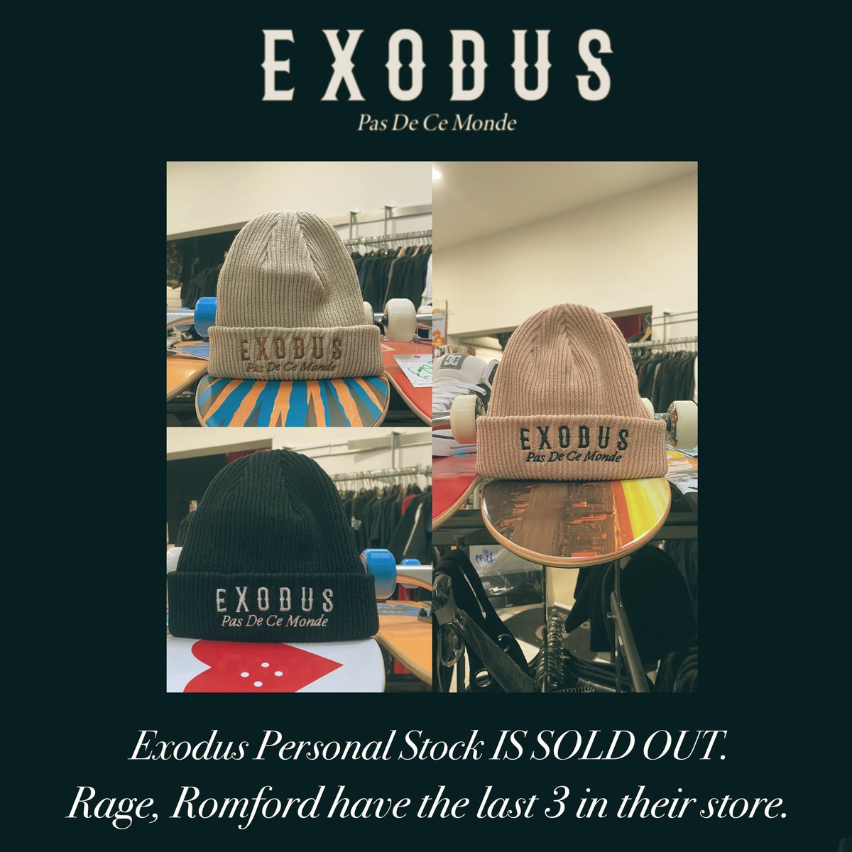 So we’re officially sold out of our own personal Exodus Pas De Ce Monde Beanies! 

The last 3 remain at Rage in Romford. 

#exoduspdcm #ukfashion #twitterfashion #pasdecemonde #londonfashion #saturdayvibes #newfashionsaturday #romford #independentfashion