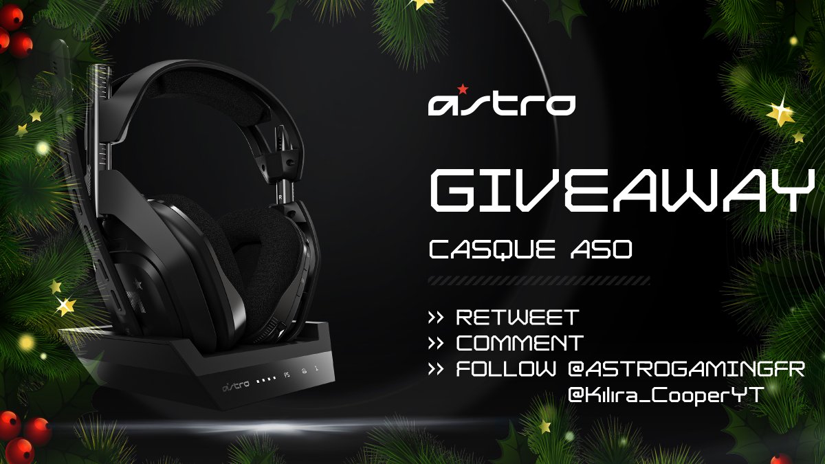 🎄CONCOURS ASTRO GAMING🎄
.
Pour les fêtes on vous fait gagner avec <a href="/ASTROGamingFR/">ASTRO Gaming France</a> un✨ASTRO A50✨
.
🔁RT ce tweet
✅Follow 
<a href="/Kilira_CooperYT/">Kilira Cooper</a> &amp; <a href="/ASTROGamingFR/">ASTRO Gaming France</a>
 .
🎄Résultat le : 28/12 🎄
🎅Joyeux noël🎅