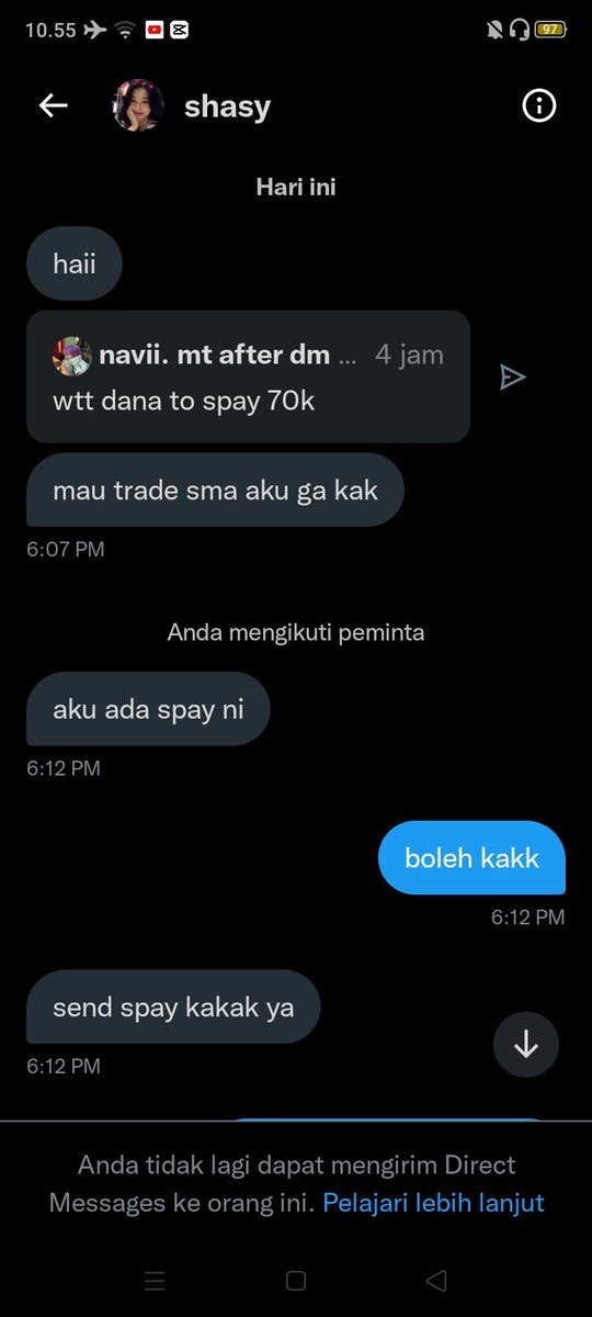 LeeHaeechn's tweet image. ❗SCAMMER❗help rt, like and share guys, thank you!!

scammer wtt saldo dana/spay

kejadiannya kemarin, @.yzftxzviib ini usn awal pas dia dm gue buat ngajakin trade