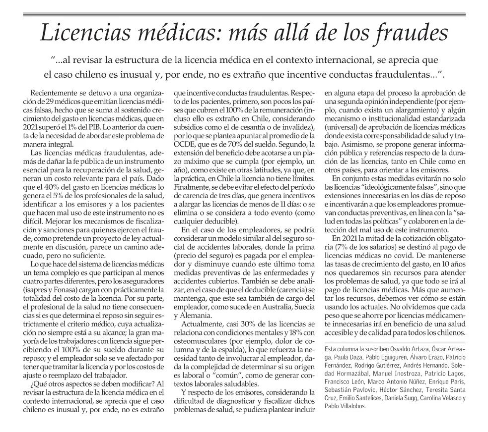 pdazan's tweet image. Les dejo la columna de hoy de @ElMercurio_cl sobre licencias médicas que suscribimos casi 20 especialistas del área de la salud.