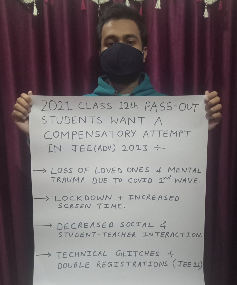 shreyanshdarkaf's tweet photo. The batch of 2021 Class 12th board graduates demand a compensatory attempt in JEE(Advanced) 2023.
I urge the authorities to pay attention to our cause and allow us to take the JEE(Adv.) 2023.
#iitfor21
@IITGuwahati @iitbombay @iitdelhi @iitroorkee @iitmadras @IITKanpur @IITKgp https://t.co/BtUkJJYf9O