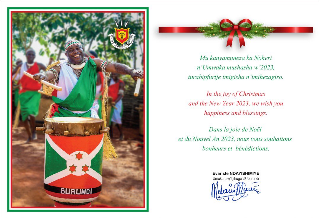 akezanet's tweet photo. 🔴Prezida @GeneralNeva ahejeje kwipfuriza Uburundi n’abarundi iminsi mikuru myiza isozera umwaka. Yagize ati: ”Mu kanyamuneza ka Noheli n’Umwaka mushasha w’2023,tubipfurije imigisha n’imihezagiro”
#lesbeautesdecheznous #akezanet #prezida #Burundi https://t.co/tPMzyJqxsS