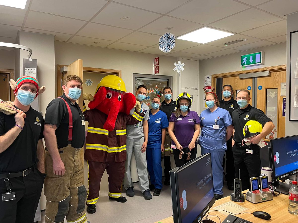 SuffolkFire's tweet photo. Firefighters from Bury St Edmunds Green Watch surprised children @WestSuffolkNHS this morning with a visit from Welephant and giving out presents. 🎅 The crew visited F1 ward, neonatal and A&E to spread a little festive happiness. Our thanks to @Dunelm for donating the gifts https://t.co/t5To6xcAaR