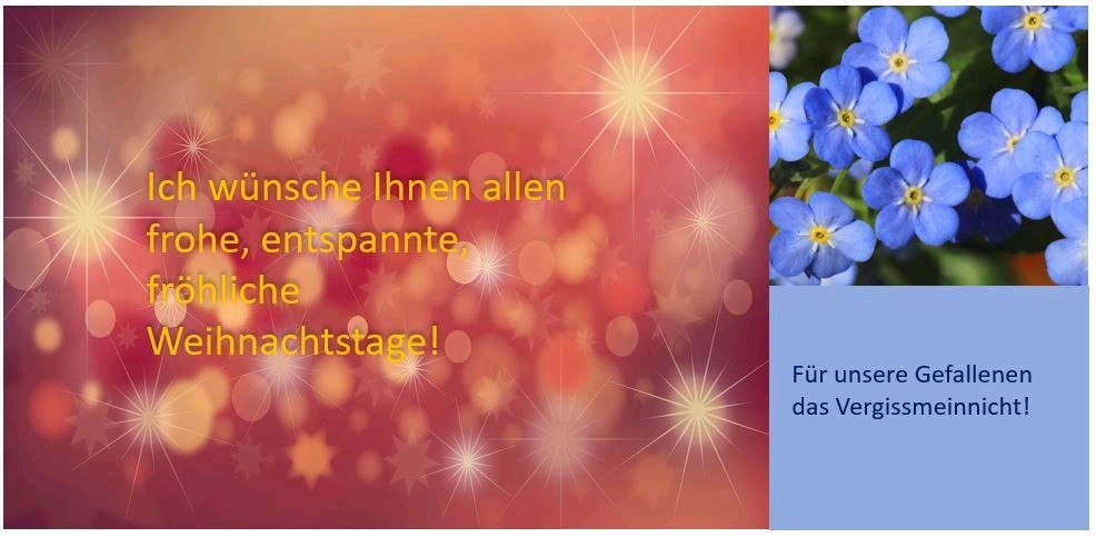 Frohe Weihnachten Ihnen allen und ein besonderes Gedenken den Gefallenen. Wir haben einen Extraplatz für sie gedeckt. Lest we forget! 🎗🇩🇪
<a href="/EinsatzVeteran/">BDV e.V.</a> <a href="/bundeswehrInfo/">Bundeswehr</a> <a href="/Bw_Einsatz/">Bundeswehr im Einsatz</a> <a href="/DBwV/">BundeswehrVerband</a>