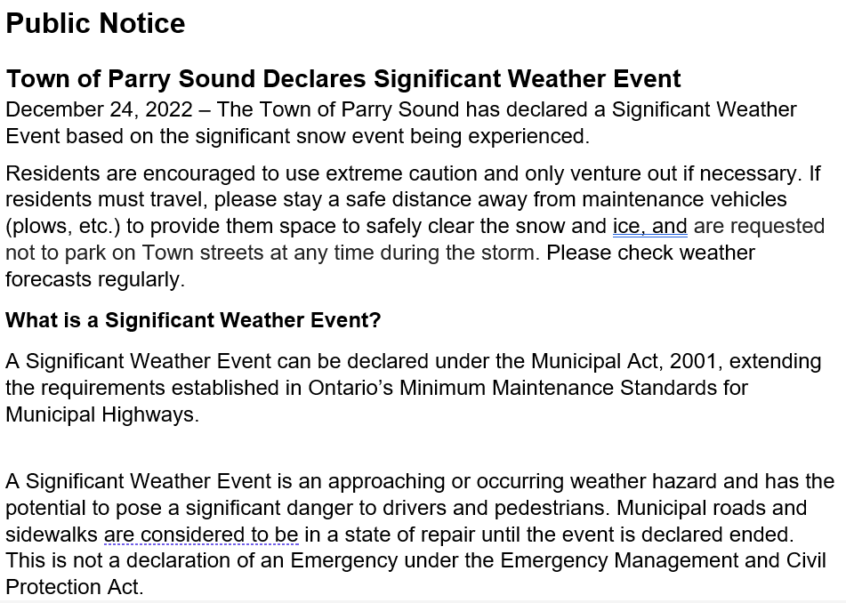 Significant Weather Event Declared