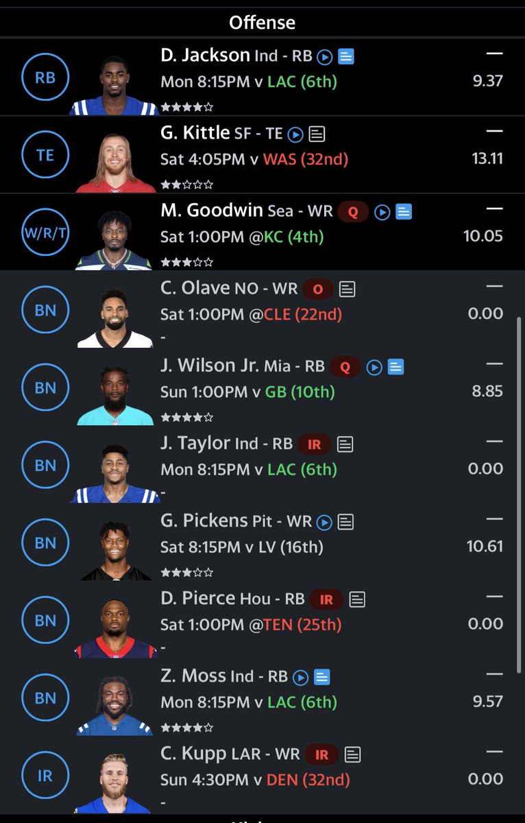 wongobongo88's tweet photo. @ZBrook #askfft Full PPR. Which 3 do I start? Gabe, Goodwin, Pickens, Jeff Wilson, Deon Jax and Moss. Thanks https://t.co/pPDuQy5YbW