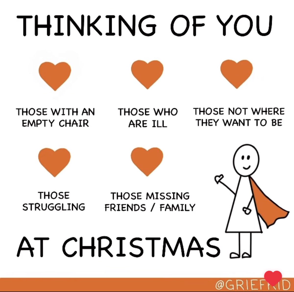 Thankyou to our friend Griefkid for expressing how many people may be struggling for different reasons today. 

We are thinking of you all on this Christmas Eve. 

Please reach out and share some love today. 🧡🌲🧡