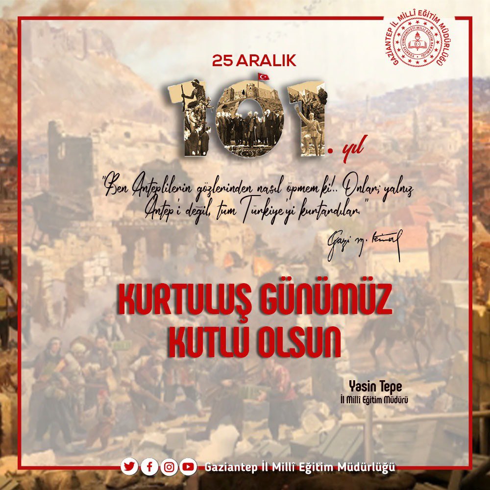 Tertemiz alnına asırlar boyu devam edecek gazilik tacını takan, esaret zincirini söküp atan, bayrağa al, tarihe şan olan; Kara Yılan'ın, Şahin Bey'in,Şehit Kâmil'in yadigârı şehrimizin 101. kurtuluş yıl dönümünü kutluyor, şehit ve gazilerimizi minnet ve rahmetle yad ediyorum.