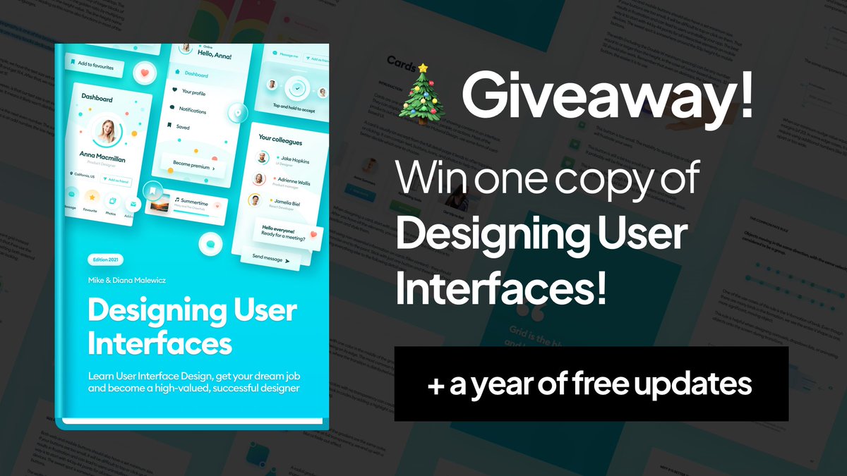 michalmalewicz's tweet image. 🚨 Christmas giveaway! 🎅🏻

1 copy of designing user interfaces will go to the person that: 

✅ follows me
✅ likes + retweets this
✅ comments why they are learning UI design

I'll pick one person Tomorrow.

Let's go! ❤️