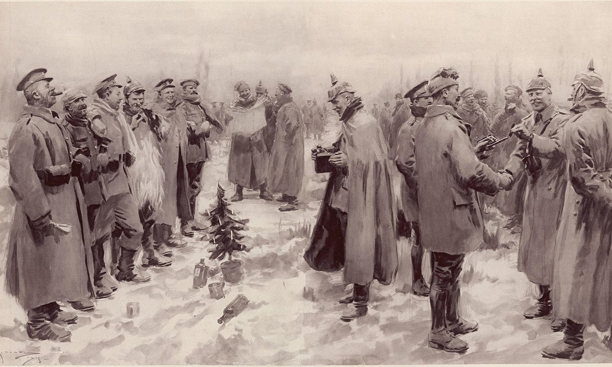 WW1IEPER1917's tweet photo. The Christmas truce, French, German, and British soldiers exchange seasonal greetings. Both sides go into no man's land on Christmas Eve and Christmas Day and exchange food and souvenirs. Joint burial ceremonies and prisoner swaps, and several meetings ending in carol-singing. https://t.co/cOWngjuXMp