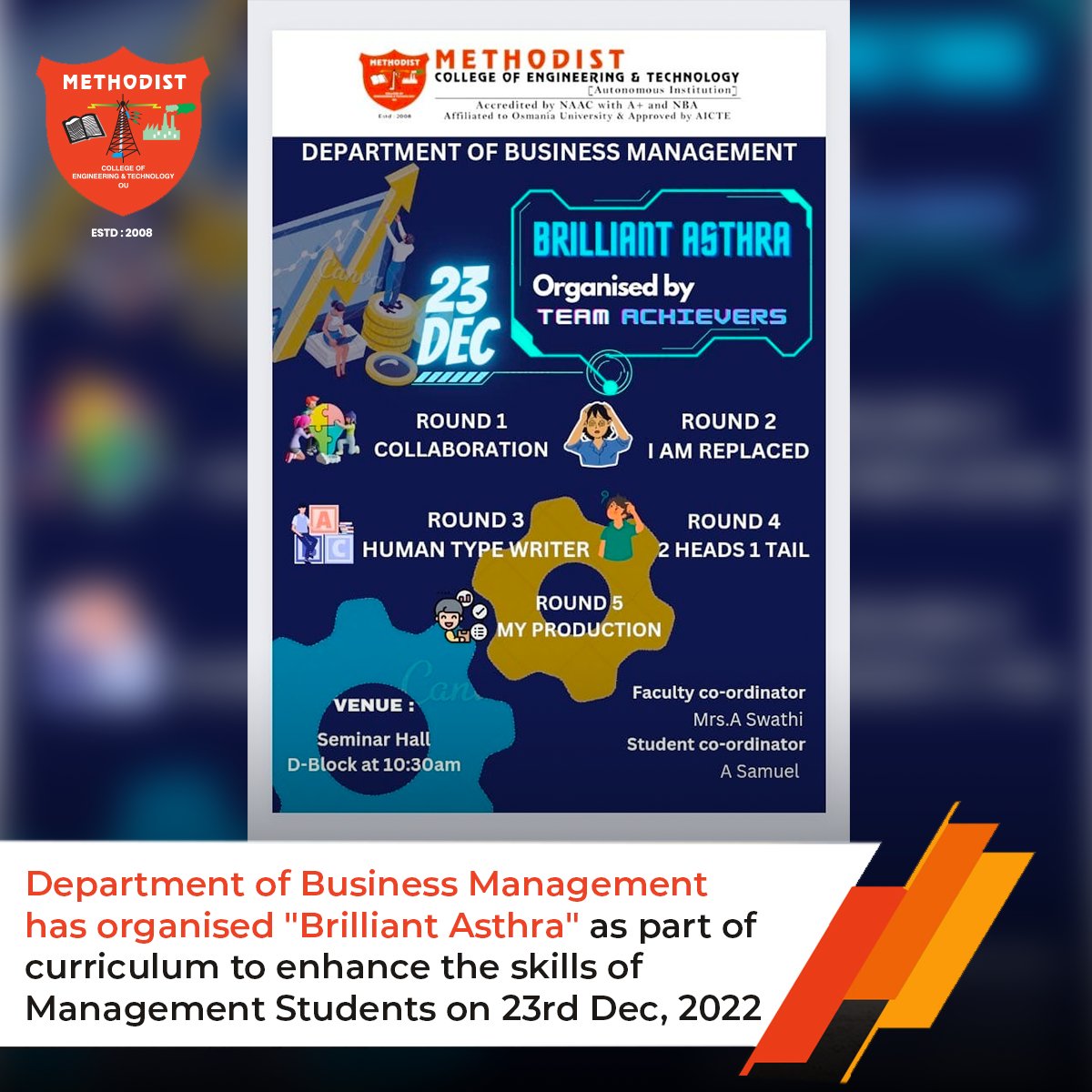 MCETHyderabad's tweet photo. A Management Event #BrilliantAsthra organised by the #DepartmentofBusinessManagement as part of the curriculum to enhance the #Skills of Management Students on 23rd December 2022 at #SeminarHall, D Block.

#MCET #Event #Programme #BusinessManagement #Curriculum #ManagementEvent https://t.co/aehTYm1s6N