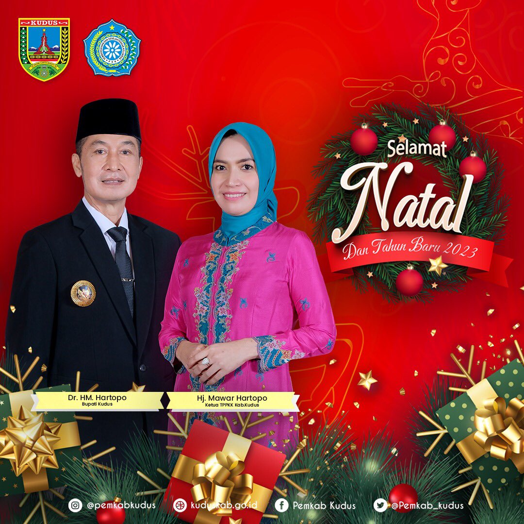 Pemerintah Kabupaten Kudus mengucapkan Selamat Natal dan Tahun Baru 2023. Semoga kita semua mendapatkan kebaikan serta kesuksesan.