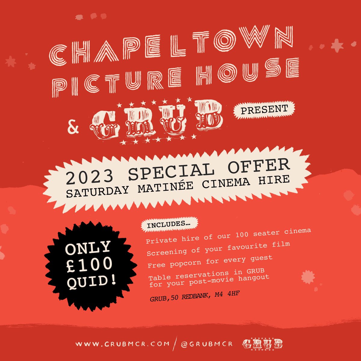 🎞SPECIAL OFFER!🎞

<a href="/GRUBMCR/">GRUB</a> and @CPHMCR are offering a very special deal for 2023!

PRIVATE HIRE of our 100 SEATER CINEMA every Saturday lunchtime for just 
🤑100 QUID🤑

Including…
🍿Complimentary popcorn for every attendee
🎬Screening of your favourite movie