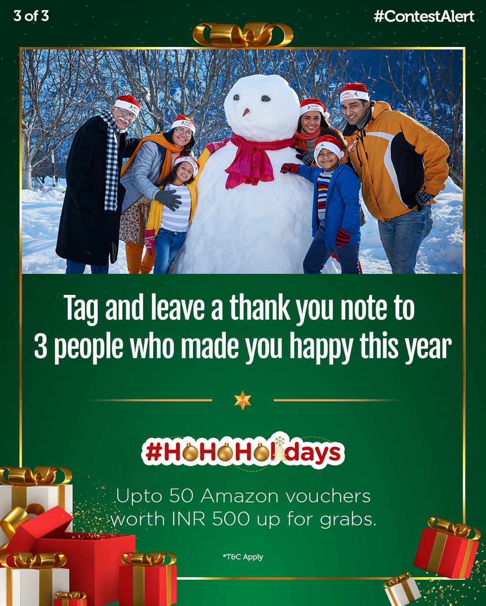 clubmahindra's tweet photo. #ContestAlert
Participate in the #HoHoHolidays contest &amp; win*. 

Steps: 
- Comment using #HoHoHolidays
- Participate in all 3 contest posts.

Lucky participants can grab
*Amazon vouchers worth INR 500 each. 

LAST DATE: 31.12.2022
*T&amp;C APPLY https://t.co/wjPvXrXf87 https://t.co/wYiJFT9Ack