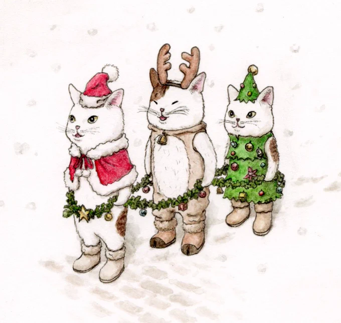 『Xmas Express』ジングルベルが聞こえるよ。そろそろ発車しましょうか。今夜は楽しいイブなのさ!水彩:80×80mm#水彩  #猫  #クリスマス  #MerryChristmas 