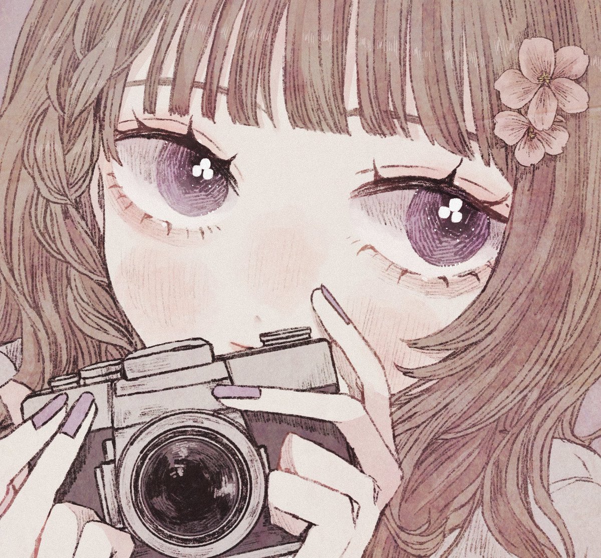 1girl camera solo flower brown hair holding camera holding  illustration images