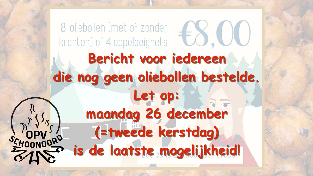 Natuurlijk vier je eerst kerst. Pas daarná is het oliebollentijd. Maar wij hebben tijd nodig voor de organisatie. En dus sluit onze o zo handige webshop 26 dec om 23:59u. Wil je nog bestellen? Regel het dan snel ;-)  shop.stamhoofd.nl/en/oliebollena… 
Alle info: opv-schoonoord.nl