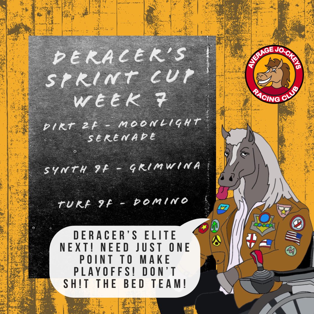 Final week before playoffs! 

Just one point needed to qualify! 

Here’s our line up vs <a href="/DeRacersElite/">DeRacers Elite Racing Club (DERC)</a> with some a few ‘motivational’ words from mascot Patches O’Furlong 🐎 🏆🚀

#SprintsCupSeason1
#NFT #Metaverse #Crypto #blockchain #DeRace #horseracing