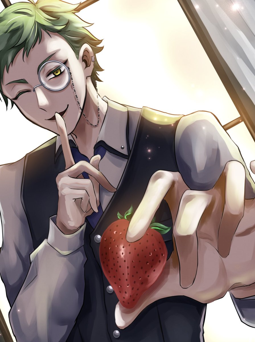 1boy food male focus fruit green hair one eye closed strawberry  illustration images