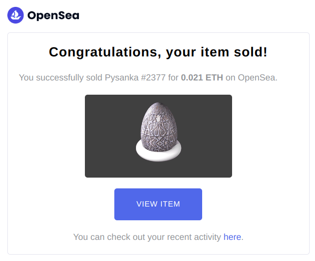 Your Item Sold! 🥳

Thank you so much dear <a href="/CryptGem/">CryptGem.eth</a> for acquiring a traditional Ukrainian pysanka! 😍 Happy Holidays! Happy and Honored to have one my pysanka in your collection. 🙏🤗