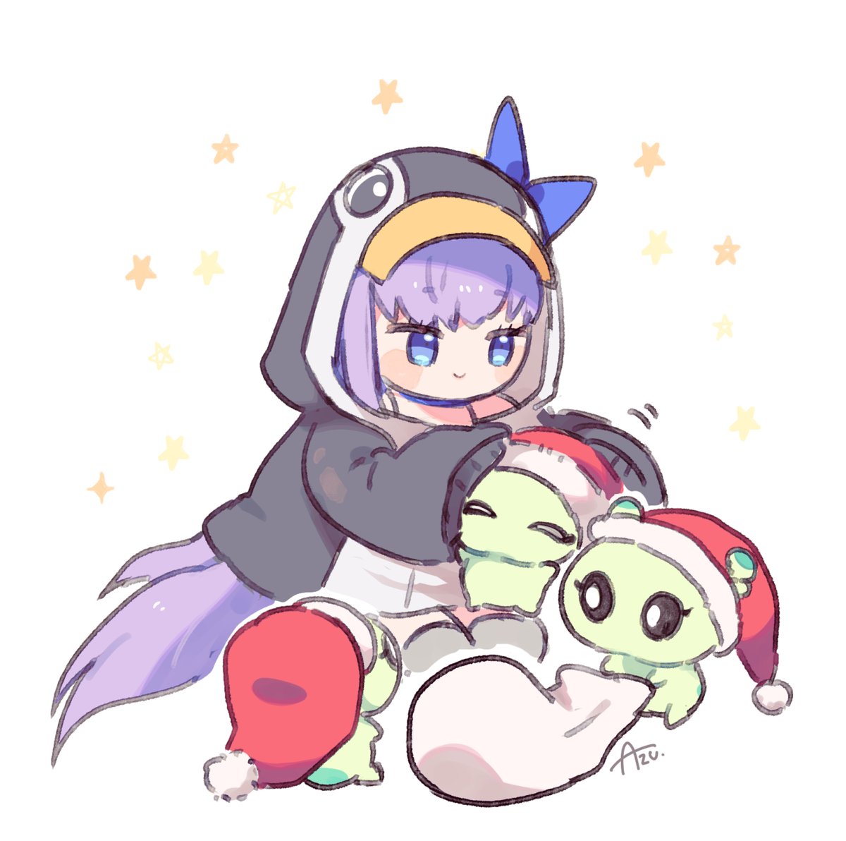 meltryllis (fate) ,meltryllis (swimsuit lancer) (fate) ,meltryllis (swimsuit lancer) (first ascension) (fate) 1girl blue eyes purple hair hood long hair penguin hood santa hat  illustration images