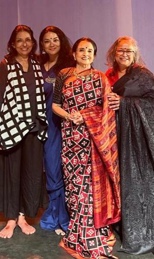 Our Founder, Lata Pada, Artistic Director, Suma Nair, and Executive Director, Jasmine Sawant, with the iconic Mallika Sarabhai at Natarani Theatre post the Mandala show at Ahmedabad.

#sdcmandalatour2022 #mandala #indiatour #artists