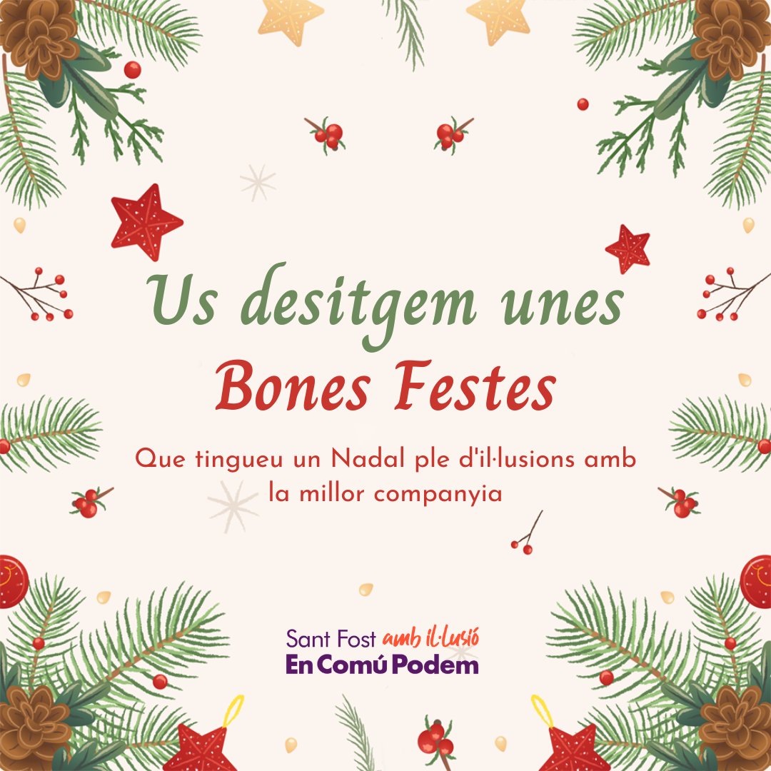 santfostecp's tweet photo. 🎄 En nom de les companyes i dels companys de Sant Fost amb Il·lusió - En Comú Podem, i el candidat @bastida2023, us desitgem que gaudiu d'aquests pròxims dies de festa amb la família, amistats i gent estimada.

✨ Per unes festes plenes d'il·lusió!

#nadal #bonesfestes #navidad https://t.co/YLK0FmoMk9