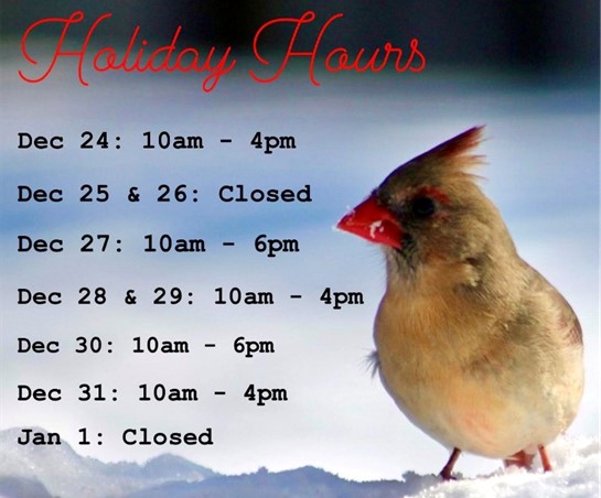 Keep your feeders full and enjoy all your feathered friends during the holiday season. 😁🐦🐦We will close early today at 4pm. Don't miss getting those last minute gifts! Happy holidays to all from the flock at WBU Guelph! #holidayhours #backyardbirds