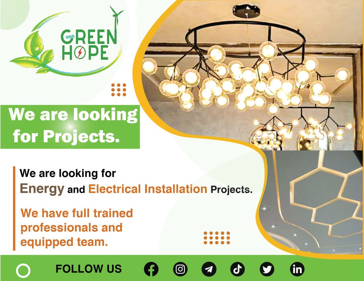 green_hope_rew's tweet photo. WE ARE LOOKING FOR PROJECTS!

We are looking for energy and electrical installation projects. We have full trained professionals and equipped team.

📞+251913191987
📧 grhrew@gmail.com
📍Takede Building 4th floor ,Mebrat Hayle,  Adama,Ethiopia

Join us !
https://t.co/ZrdGkPwXDe https://t.co/3p22Vg3vQb