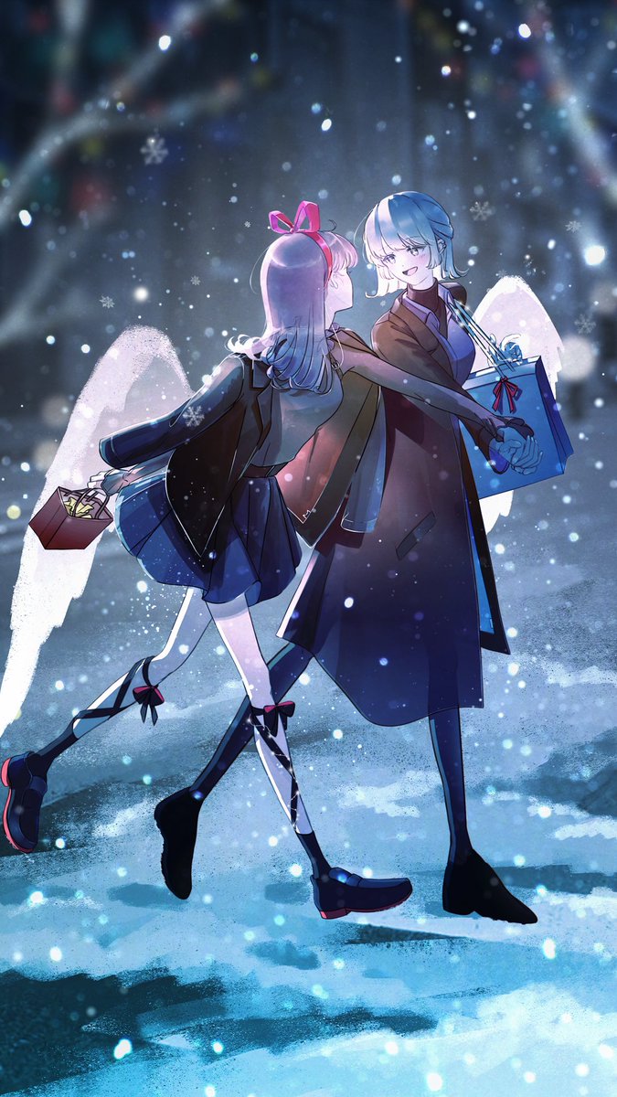 multiple girls 2girls snow wings skirt snowing coat  illustration images