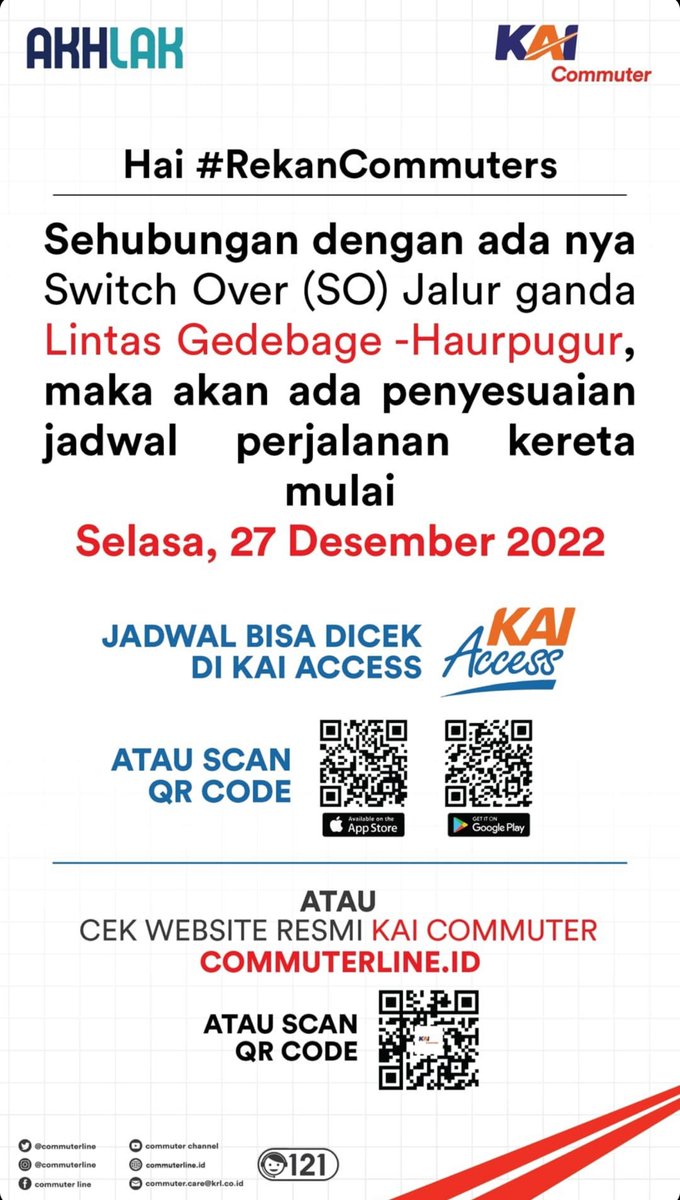 #RekanCommuters Sehubungan dengan adanya Switch Over (SO) Jalur ganda Lintas Gedebage-Haurpugur, maka akan ada penyesuaian jadwal perjalanan kereta mulai Sabtu, 27 Desember 2022. Untuk jadwal perjalanan dapat dicek di KAI Access.
