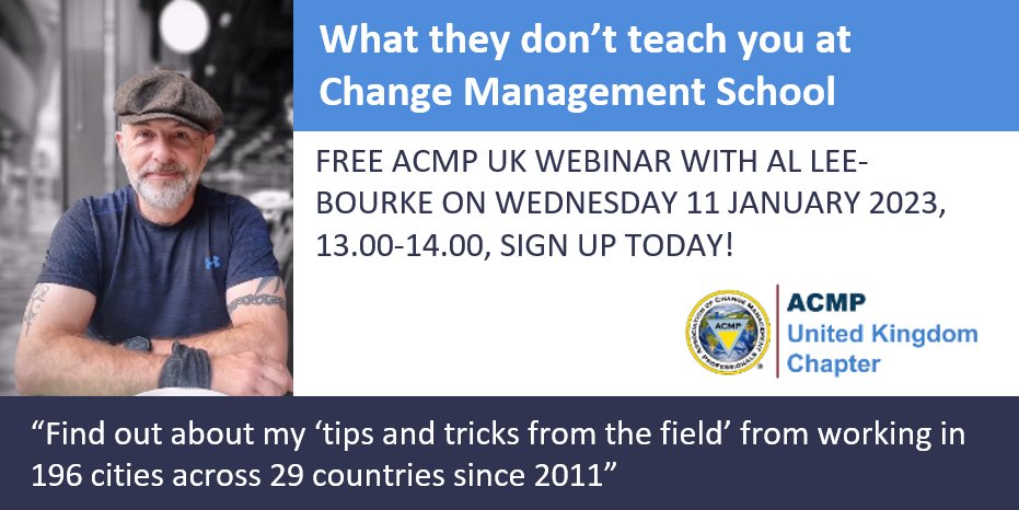 acmp_ukchapter's tweet photo. This will be a great first webinar to join in 2023! ACMP UK Chapter are delighted to host the multi-faceted Al Lee-Bourke whose 'tips and tricks from the field' lift the lid on how to 'do' change. Sign up to today: https://t.co/MLMKyJyWH3
#ACMPUK #change #ACMP https://t.co/20B1udA61U