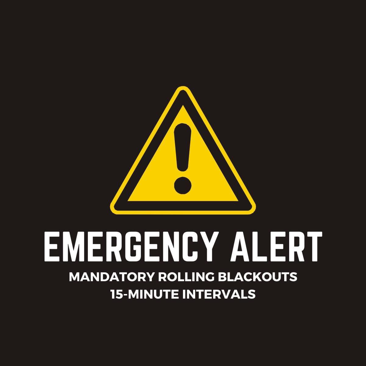 DicksonElectric's tweet photo. ⚠️ROLLING BLACKOUTS⚠️

Effective immediately, TVA has once again directed all 154 power companies to interrupt power for 15-minute intervals each hour until the order is canceled by TVA. This is totally out of Dickson Electric’s control &amp; DES intends to comply w/ this directive. https://t.co/l3M924cMS6