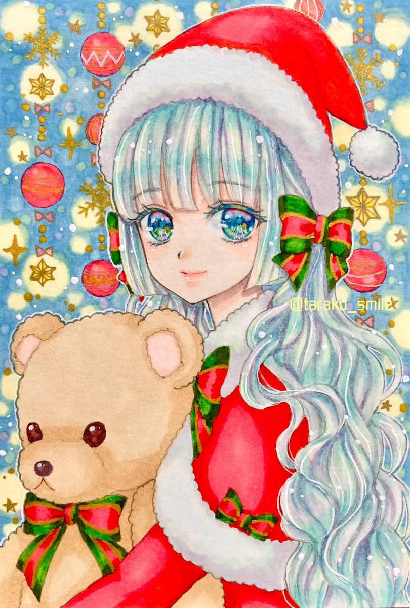 1girl teddy bear stuffed animal stuffed toy solo christmas long hair  illustration images