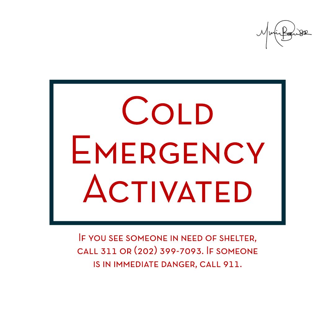 The Cold Weather Emergency Alert remains ACTIVATED.

Temperatures are dangerously cold. If you see someone outside in need of shelter, call:

📞The Shelter Hotline at (202) 399-7093 or dial 311.
📞911 if there's an imminent safety risk.