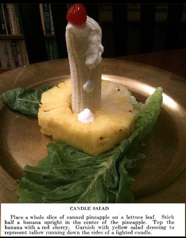 If anyone is unsure of what to do for a Christmas starter, how about a Candle Salad? It was once a popular American dish in the 1920s. You stand a banana, with a maraschino cherry in end (the flame) in a pineapple ring, & dribble mayonnaise / cream down the sides to look like wax