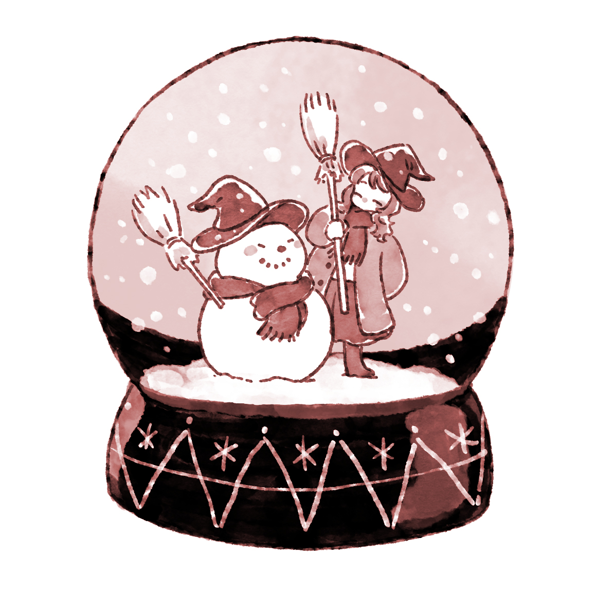 hat broom 1girl scarf witch hat snowman monochrome  illustration images