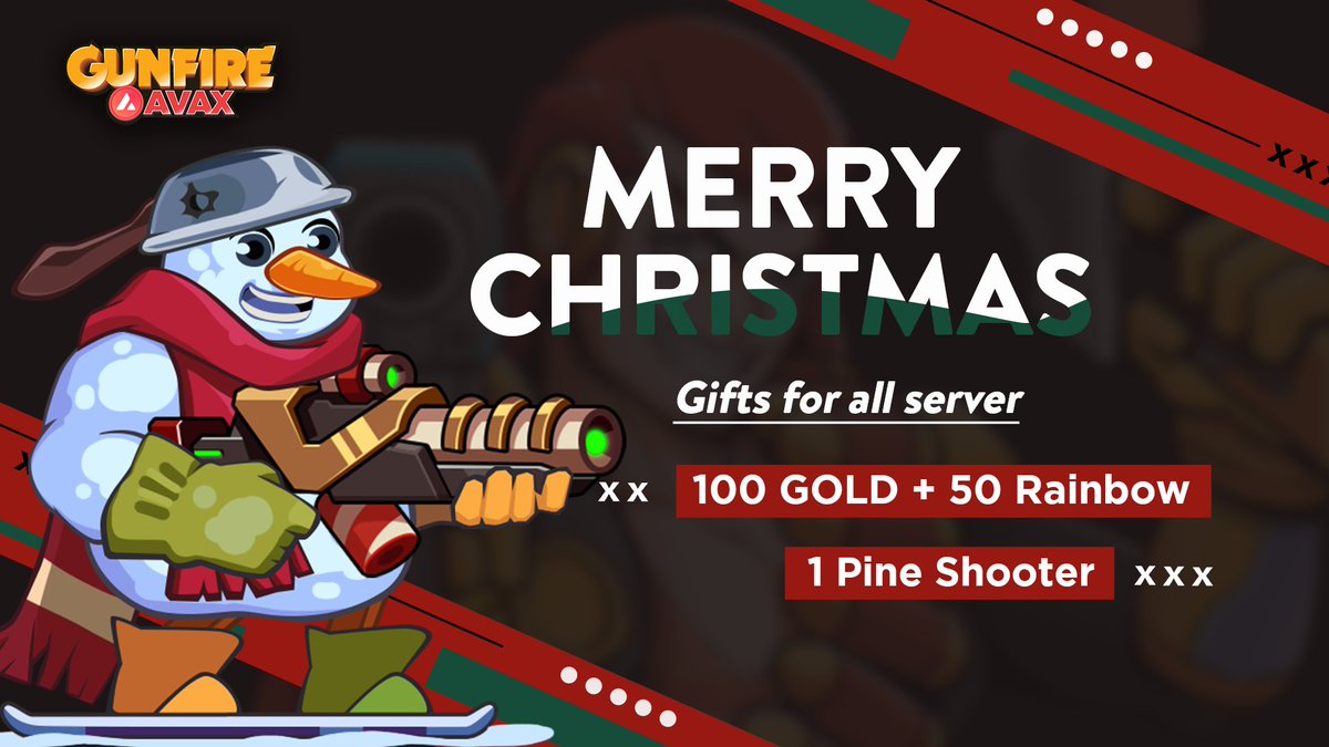 xantus_ai's tweet photo. 🎉WE WISH YOU A MERRY CHRISTMAS!! 

Gunfire AVAX team is thrilled to give ALL SERVER some adorable presents for Xmas:

🔥 100 GOLD
☃️ 50 Rainbow
 🌈1 PINE SHOOTER (NFT)

Thank you for all of your support &amp; for being a part of our family! 
Much love♥️ 
#MerryChristmas #GunfireAVAX https://t.co/oT37ZGJO1i