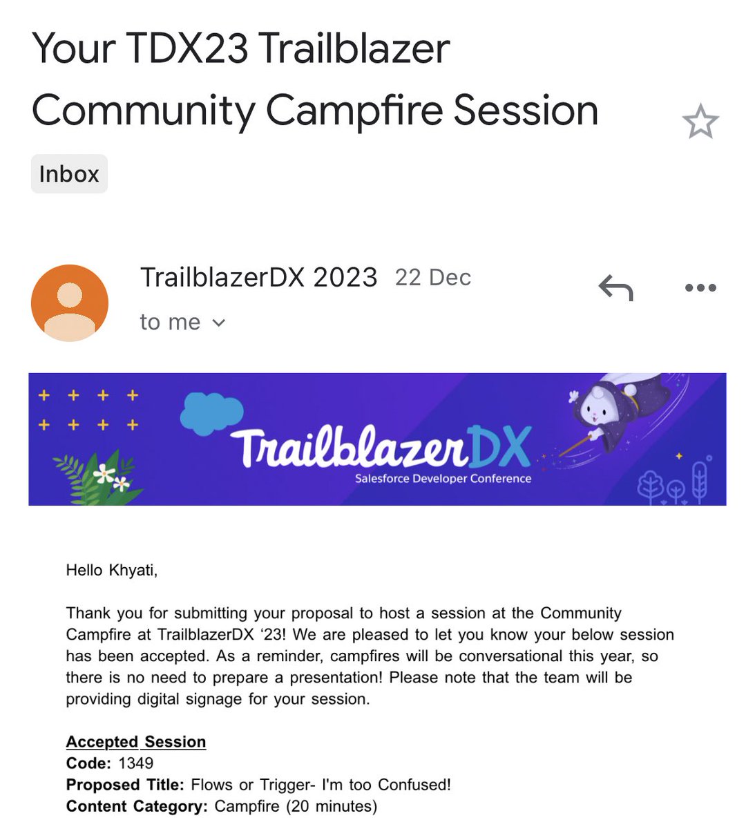 Did you know?? 🤔
Only 1 out of 8 sessions was selected!! And, I’m one of them🥳

Super happy to share that my session has been selected for #TDX23 😍😍

I cant wait to meet everyone!! #TrailblazerCommunity
