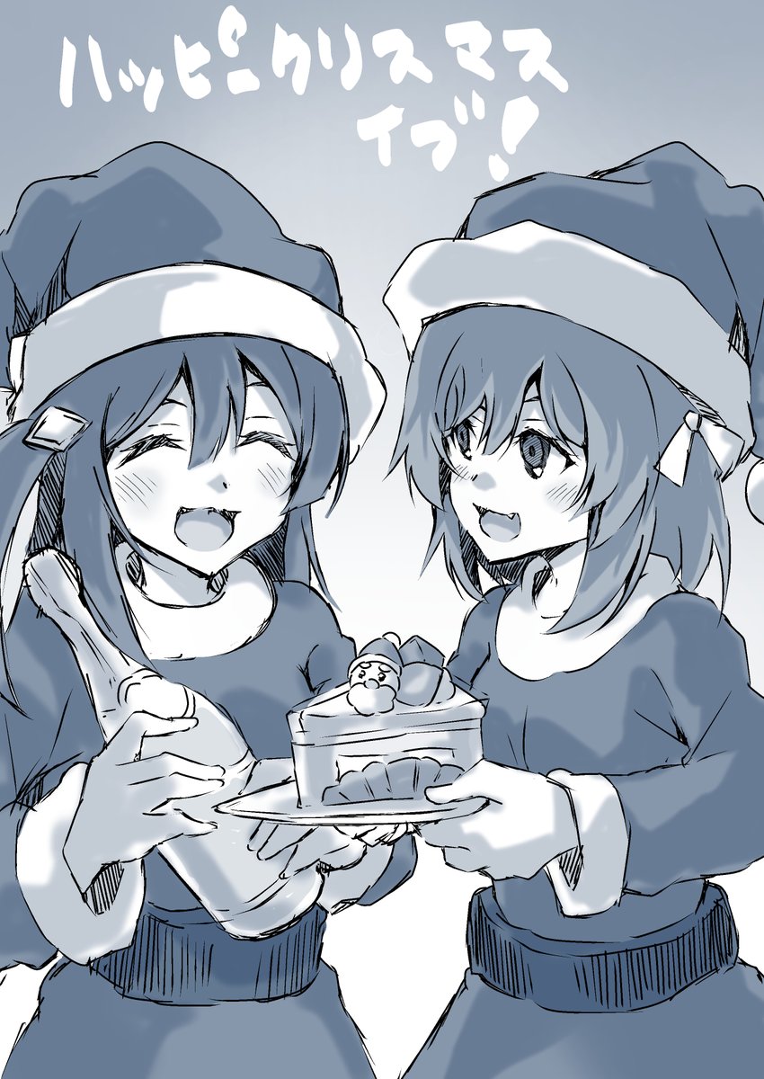 multiple girls 2girls hat santa hat monochrome cake food  illustration images