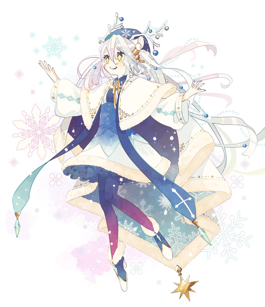 1girl solo long hair yellow eyes snowflakes smile dress  illustration images