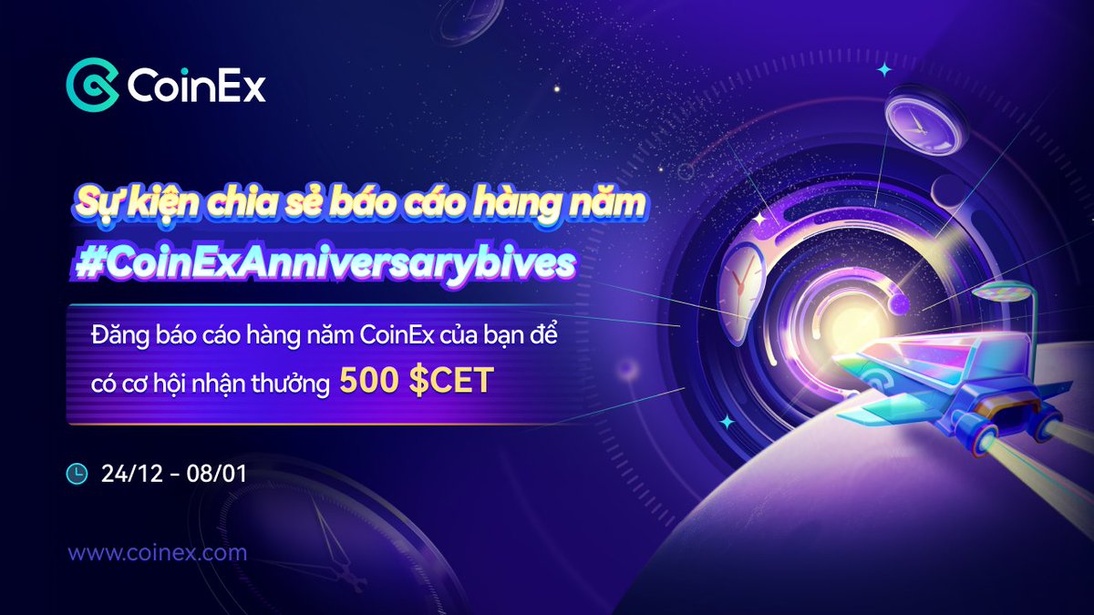 🤩Sự kiện #CoinExAniversaryvibes

⏰Thời gian: 24/12 - 8/1

1️⃣ Theo dõi @CoinexNam
2️⃣ Sử dụng hashtag #CoinExAnniversaryvibes,#CoinExTurns5
3️⃣ Đăng ẢNH báo cáo hàng năm của bạn trong cmt 
4️⃣ Theo dõi gleam để tham gia👉coinex.com/s/49QJ

🎁Phần thưởng: 50x500CET