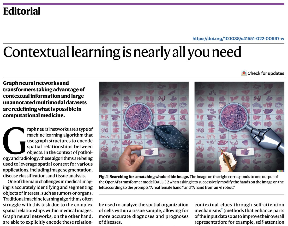 Graph neural networks and transformers taking advantage of contextual information and large unannotated multimodal datasets are redefining what is possible in computational medicine.

nature.com/articles/s4155…