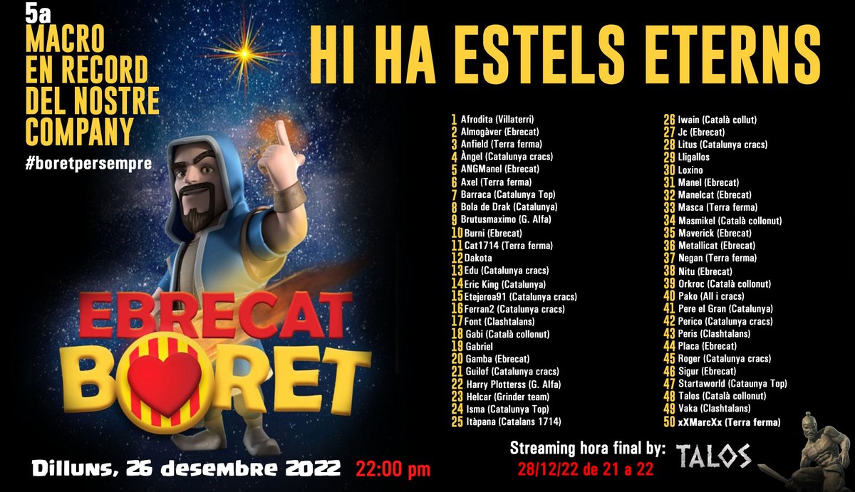 La nostra felicitació de Nadal desde fa un temps és recordant als que no hi són i ho celebrem com més ens agrada: guerrejant. Volem agraïr a tots els participants de la macro i sobretot a la gent que ho fa possible: la família de <a href="/lligacatclash/">Lliga Catalana Clash</a> i a <a href="/Talos_CoC/">Talos CoC Streamer</a>
 #boretpersempre