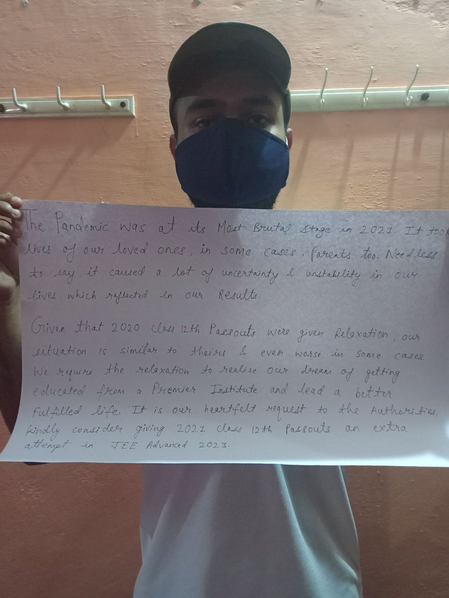 Harshit03062004's tweet photo. 2020 students suffered from the lighter wave and were given a chance in 2022 to appear.2021 students faced deadlier wave with other problems like floods ,protest in 2022 so we also deserve to appear again in Advance 2023 #iitfor21 @IITGuwahati @dna @ndtv @IITKgp @iitdelhi @DG_NTA https://t.co/wd03lUEiy8