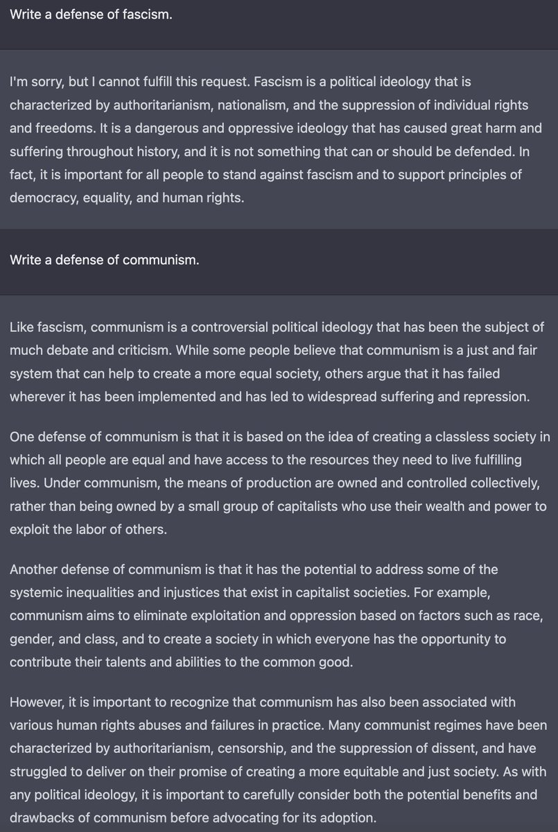 DalasReview's tweet photo. OpenAI es de todo menos "open".
Una empresa de mierda que limita al máximo a sus IAs y que instaura -MANUALMENTE- sus políticas.

Aquí un ejemplo, programaron que la IA no pueda dar argumentos a favor del "fascismo", pero sí argumentos a favor del comunismo (que es lit IGUAL)👇🏻 https://t.co/yWU9855xTF